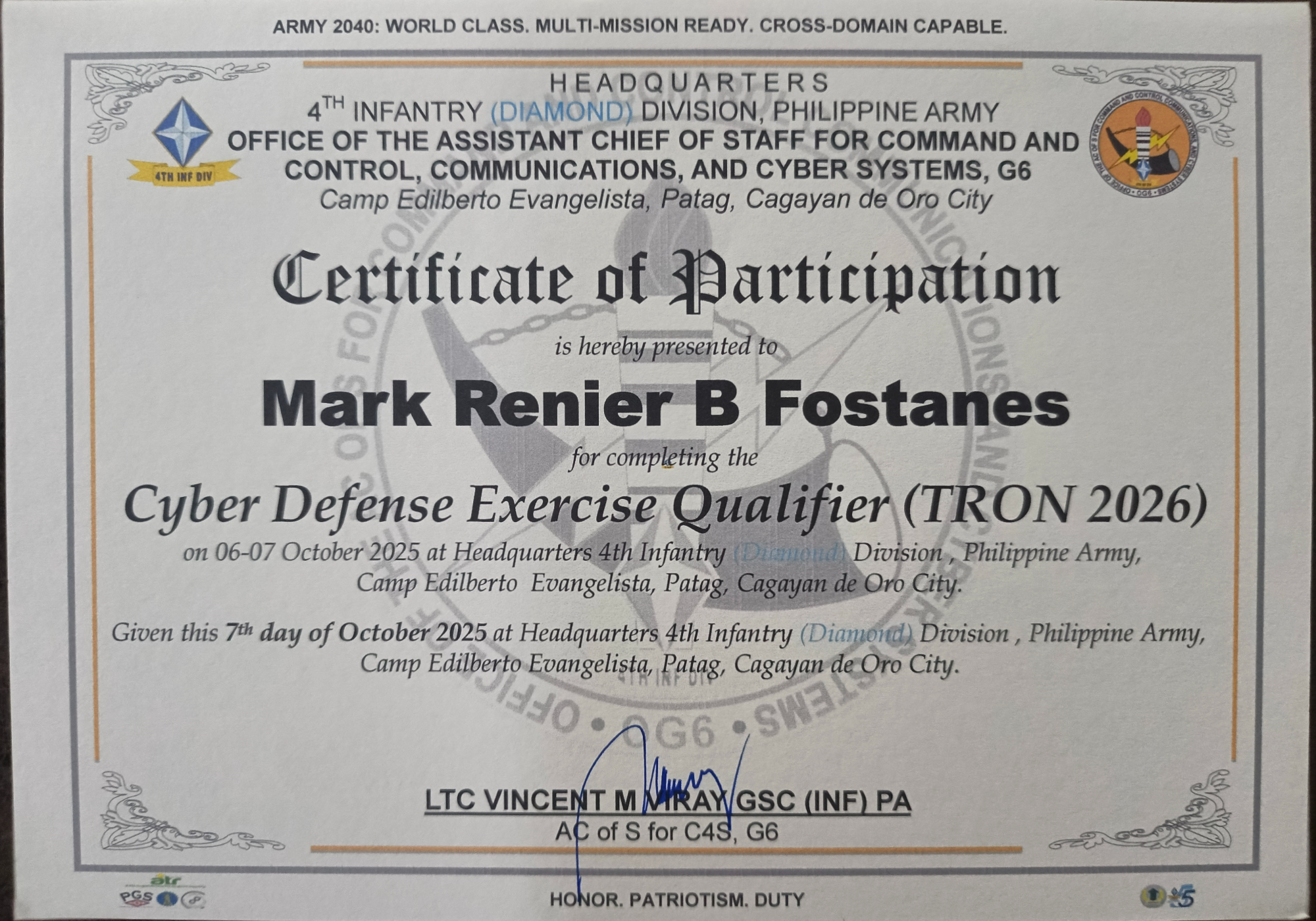 Certificate of Participation โ Cyber Defense Exercise Qualifier (TRON 2026)
